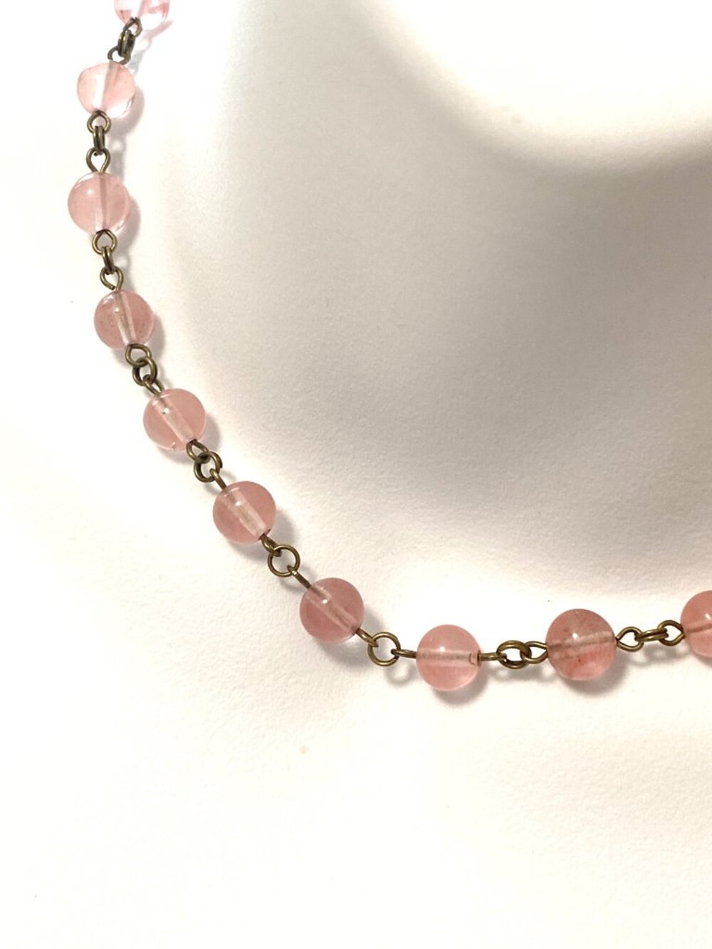 Cherry Quartz Short Necklace, Adjustable Bronze Linked Necklace